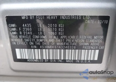 2010 Subaru Legacy 2.5I Limited z USA, uszkodzony, nr VIN 4S3BMBK61A3240328